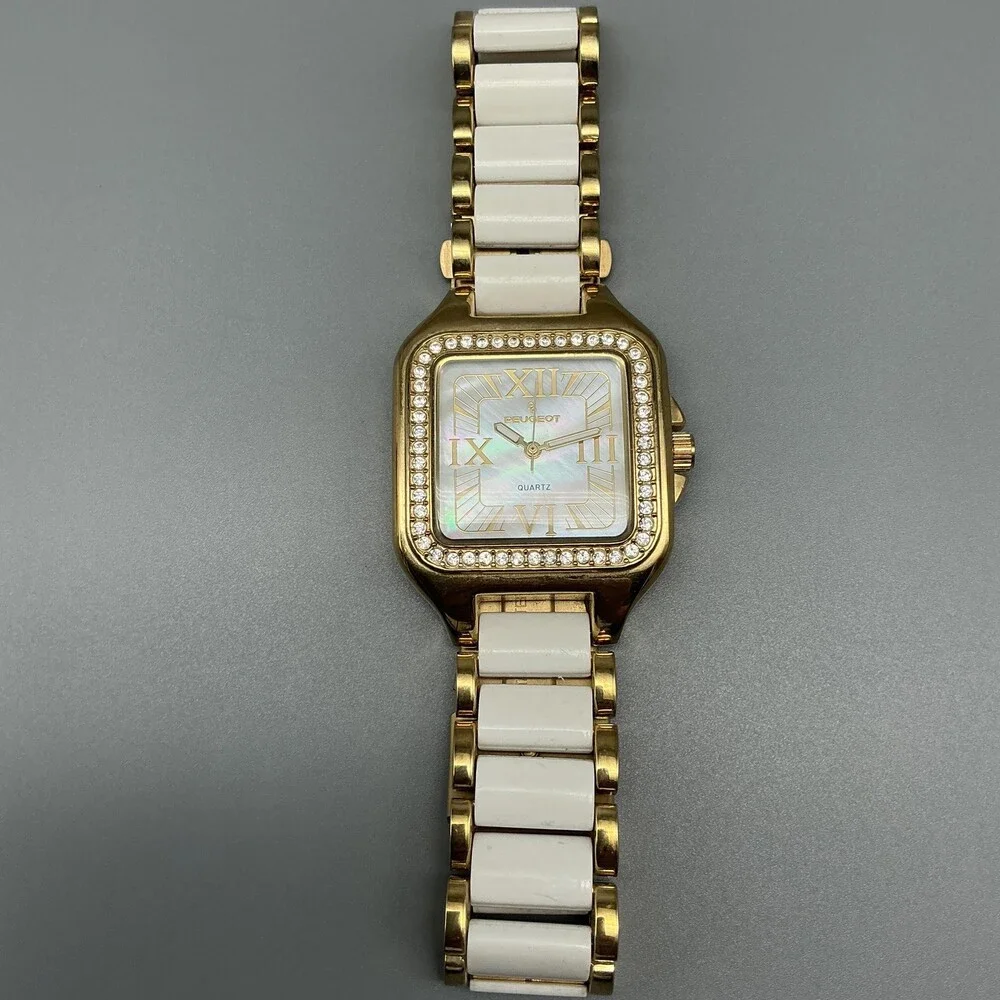 Peugeot Womens Watch 35mm Gold Tone MOP Crystal Bezel New Battery 7.25